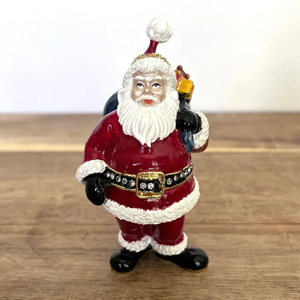 Bejeweled Santa Hinged Metal Enamel Trinket Box Santa Sack Gifts Christmas